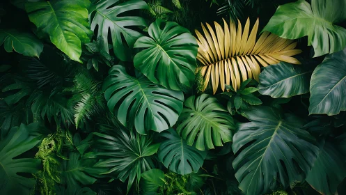 Tropical foliage arrangement with mixed green and yellow leaves.