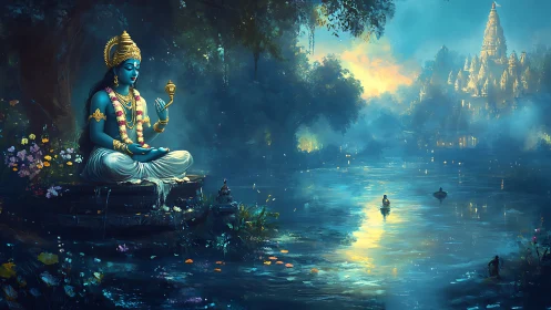 Riverlit deity in sapphire meditation beside misty temple.