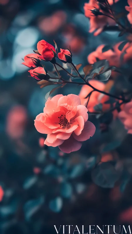 Coral Roses Glowing in Twilight Beauty.
