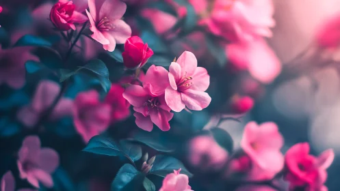 Magenta Camellia Blossoms with Selective Focus and Shallow Depth.