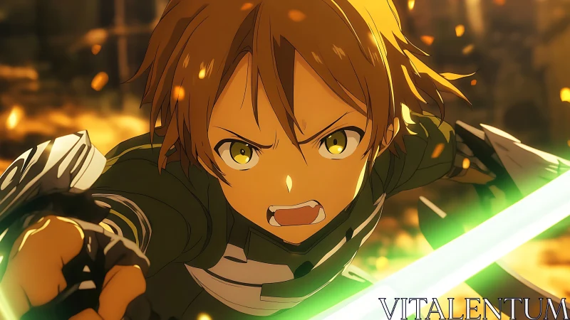 Dynamic anime swordsman lunging forward with glowing blade