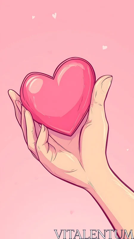 Hand Presenting Glossy Pink Heart Form Against Monochromatic Background.