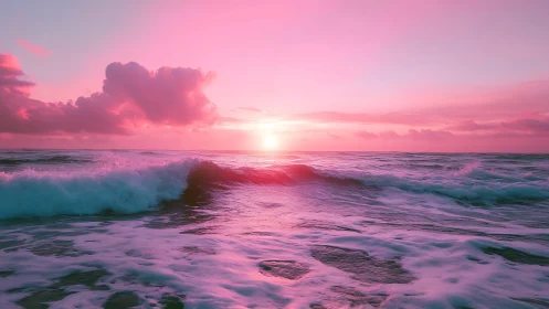 Rose-tinted ocean waves under radiant pastel sunset sky.