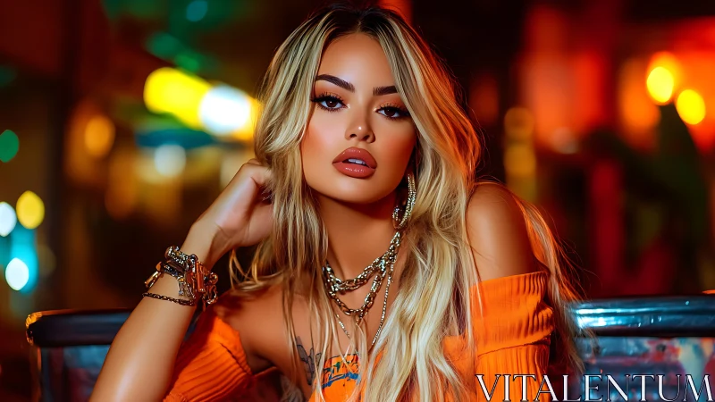 Glamorous blonde woman in neon city lights at nightfall.