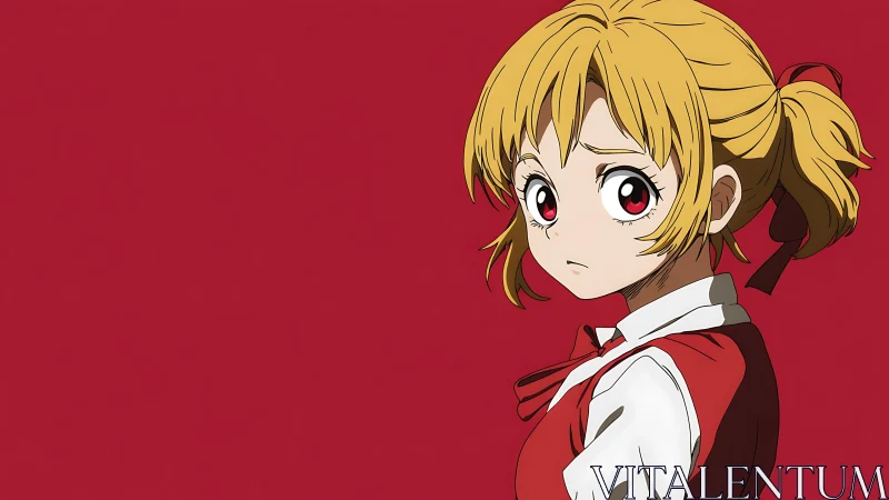 Anime portrait on crimson ground with asymmetrical framing.