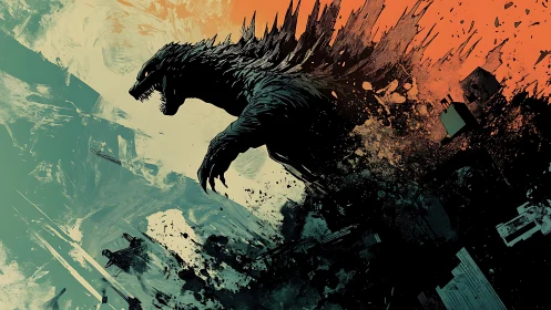 Kaiju silhouette slicing a divided sky in kinetic rupture.