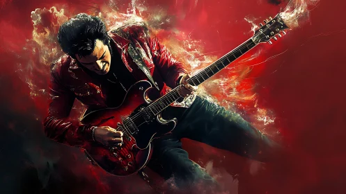 Crimson Guitar Inferno, Soloist Igniting a Painted Storm.