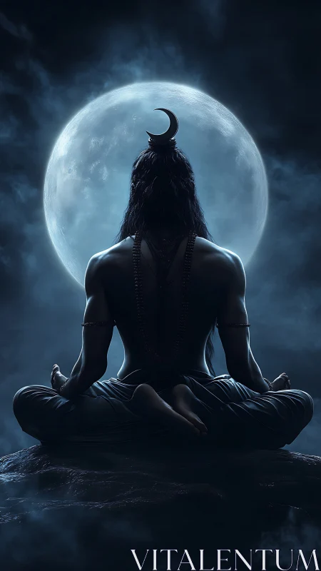 Meditating deity silhouette aligns with glowing full moon