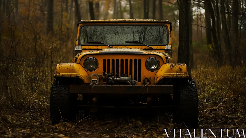 Weathered yellow off-road jeep front view in dense autumn forest