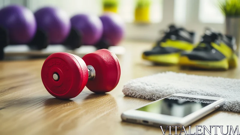 Red dumbbell, smartphone, and gym gear on wooden floor.