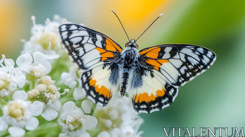 Macro study of patterned butterfly wings on white inflorescence