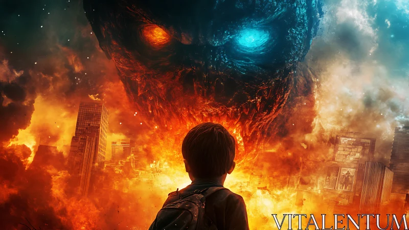 Child confronts colossal fiery cosmic entity over cityscape.