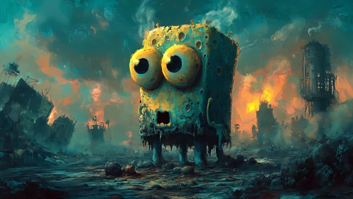 Surreal sponge-like creature in apocalyptic ruins scene.