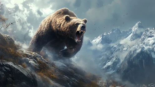 Roaring grizzly dominates stormy alpine mountain ridge scene.