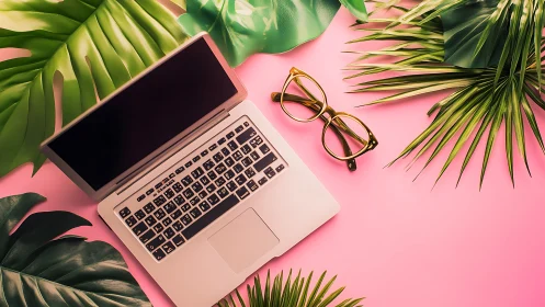 Laptop rests on pink desk with tropical leaves and glasses