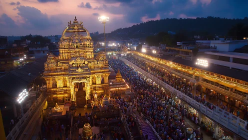 Golden temple glows while twilight crowds weave through light
