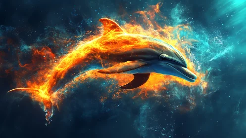 Fiery dolphin arcs through luminous teal cosmic ocean.