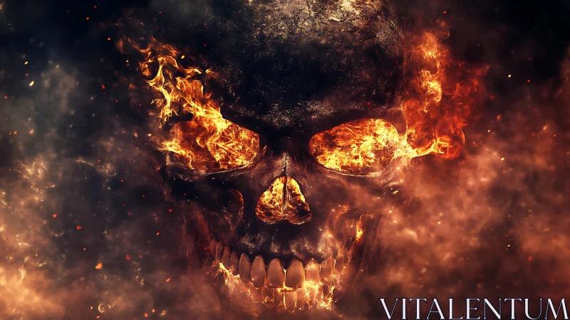 Flaming skull erupts from swirling smoke in infernal darkness
