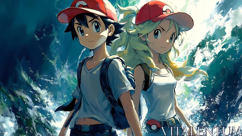 Anime trainers stand before crashing ocean waves in sunlight.