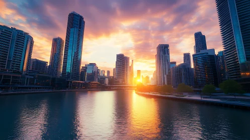 Urban waterfront skyline at sunrise over calm river.