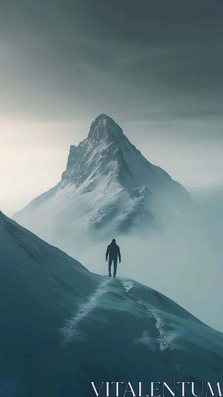 Solitary figure on snowy ridge below steep mountain peak.