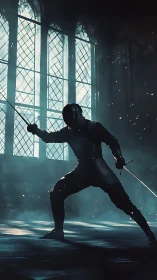 Armored swordsman training with spear in dark grand hall.