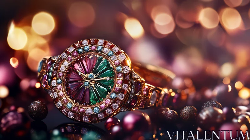 Multicolored gemstone luxury wristwatch under shallow depth bokeh