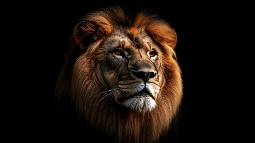 Male lion portrait is rendered against uniform black background