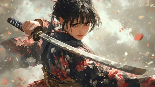 Storm-eyed samurai heroine cleaves through drifting petals.