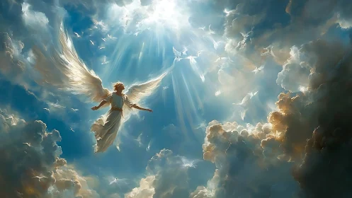 Radiant celestial angel ascending through luminous clouds.