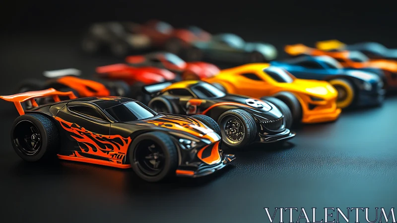 Flame-liveried toy racers lined in dramatic side perspective.