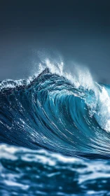 Towering blue ocean wave curls under dark stormy sky