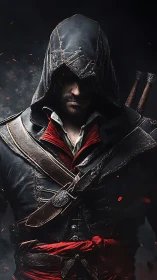 Hooded rogue stands in embers, shrouded by smoky darkness