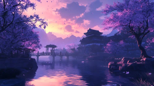 Twilight-lit cherry blossom valley frames tiered temple complex