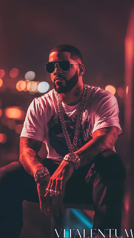 Stylish man in city night portrait with bold neon lighting.