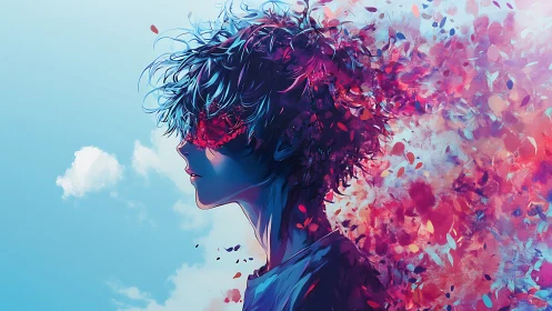 Surreal blue portrait dissolves into vivid color shards.