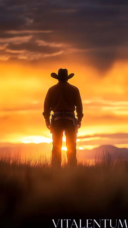 Lone cowboy pauses in quiet awe beneath a blazing sunset sky