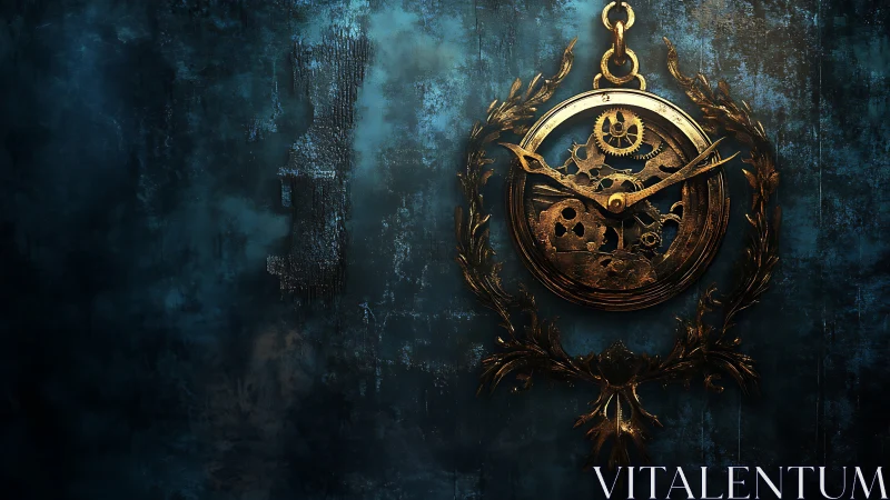 Clockwork laurels cradle time against a stormworn wall