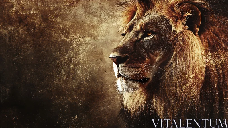 Majestic male lion profile against textured bronze backdrop