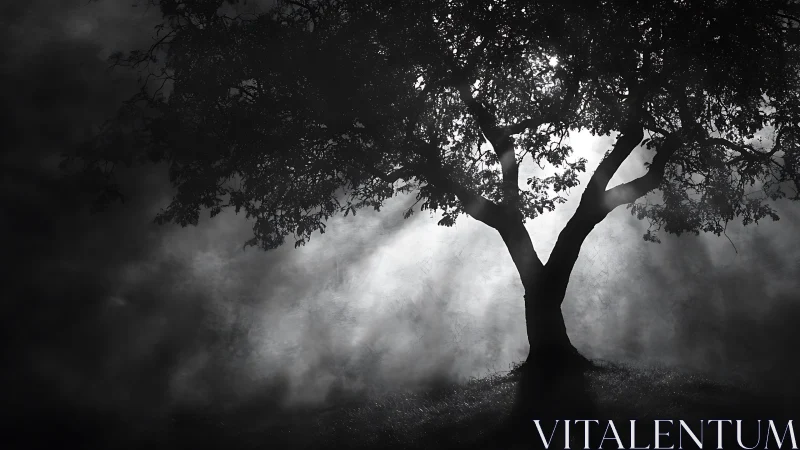 Solitary tree in fog with strong backlit sunrays.