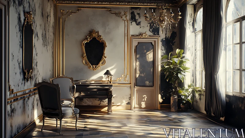 Sunlit vintage salon contrasts grandeur with gentle decay.