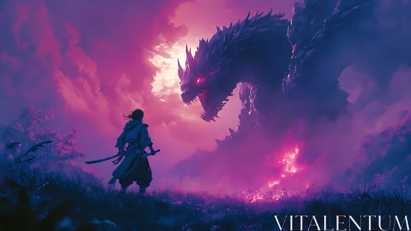Samurai confronting cosmic dragon amid neon storm clouds.