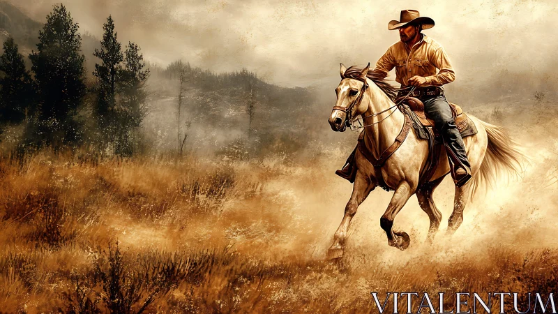 Cowboy on palomino horse charging through sunlit prairie.