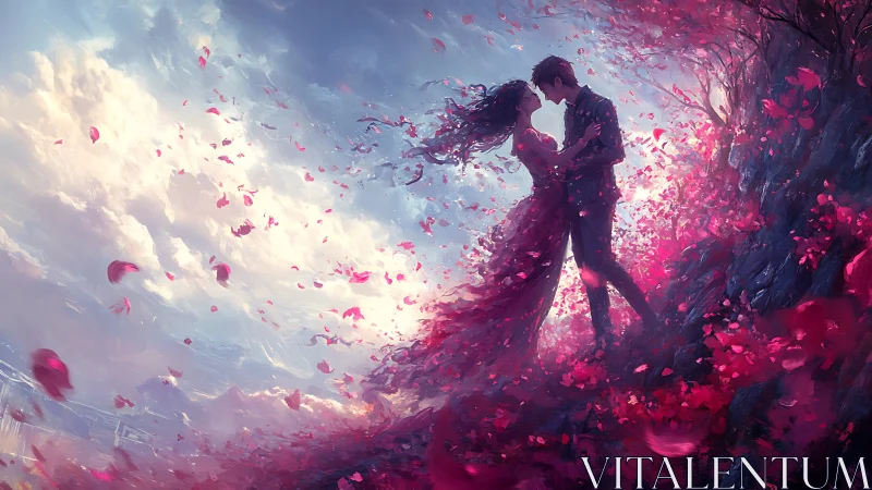 Ethereal Embrace: Couple Dancing Through Luminescent Petal Storm