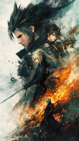 Layered warrior figures in stylized digital battle scene.