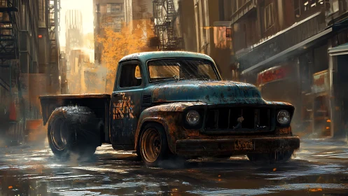 Rusty blue pickup truck idles in rainy dystopian city street