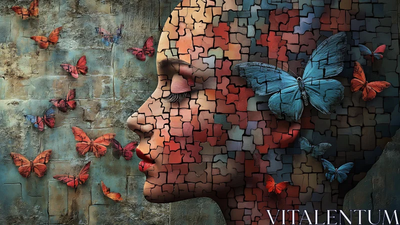 Puzzle-skin muse dreaming in a storm of bright butterflies.