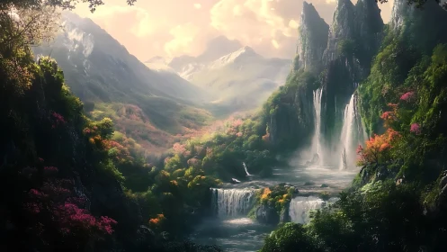 Enchanted mountain valley with cascading ethereal waterfalls.