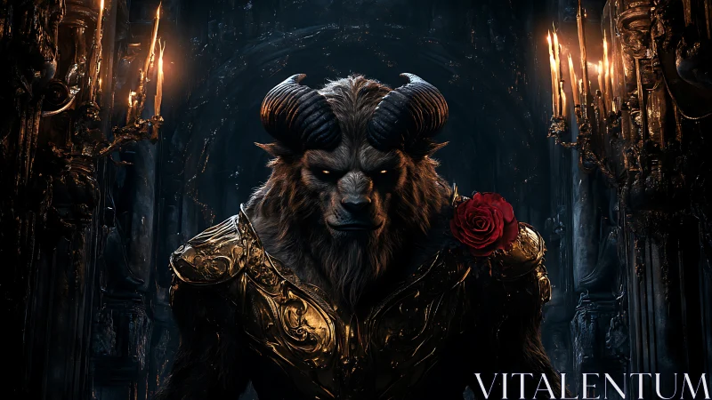 Horned beast in ornate armor holding red rose in darkness.