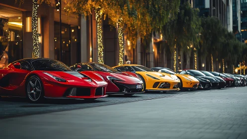 Supercar boulevard lineup under urban bokeh illumination.